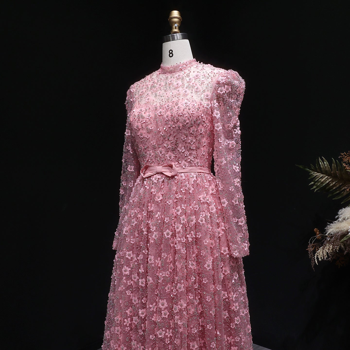 Luxury Delicate Pink 3D Floral Evening Dress with ruffles SS700
