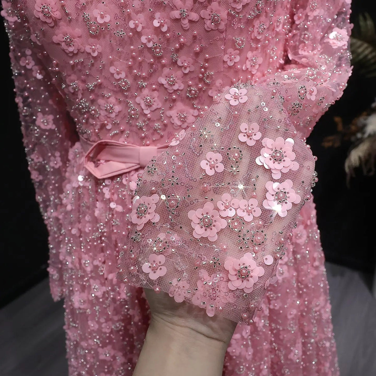 Luxury Delicate Pink 3D Floral Evening Dress with ruffles SS700