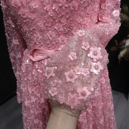 Luxury Delicate Pink 3D Floral Evening Dress with ruffles SS700