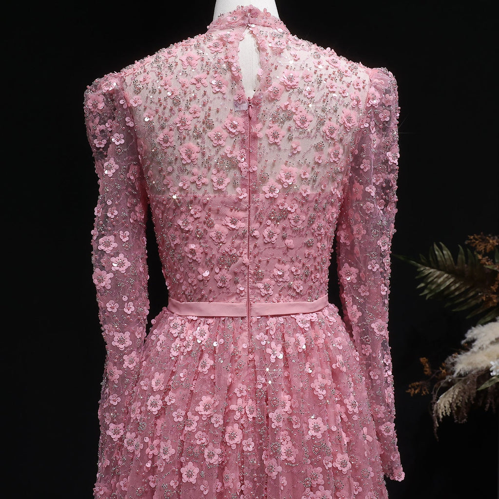 Luxury Delicate Pink 3D Floral Evening Dress with ruffles SS700