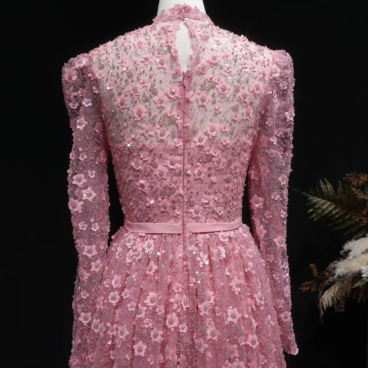 Luxury Delicate Pink 3D Floral Evening Dress with ruffles SS700