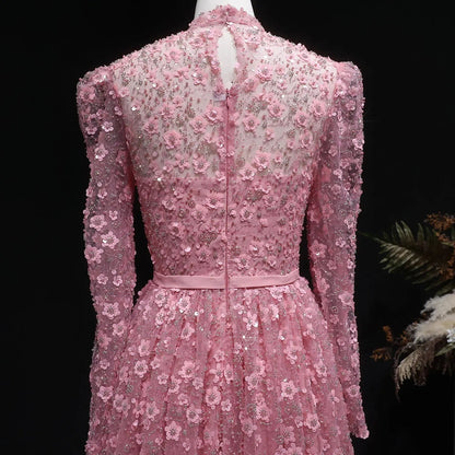 Luxury Delicate Pink 3D Floral Evening Dress with ruffles SS700