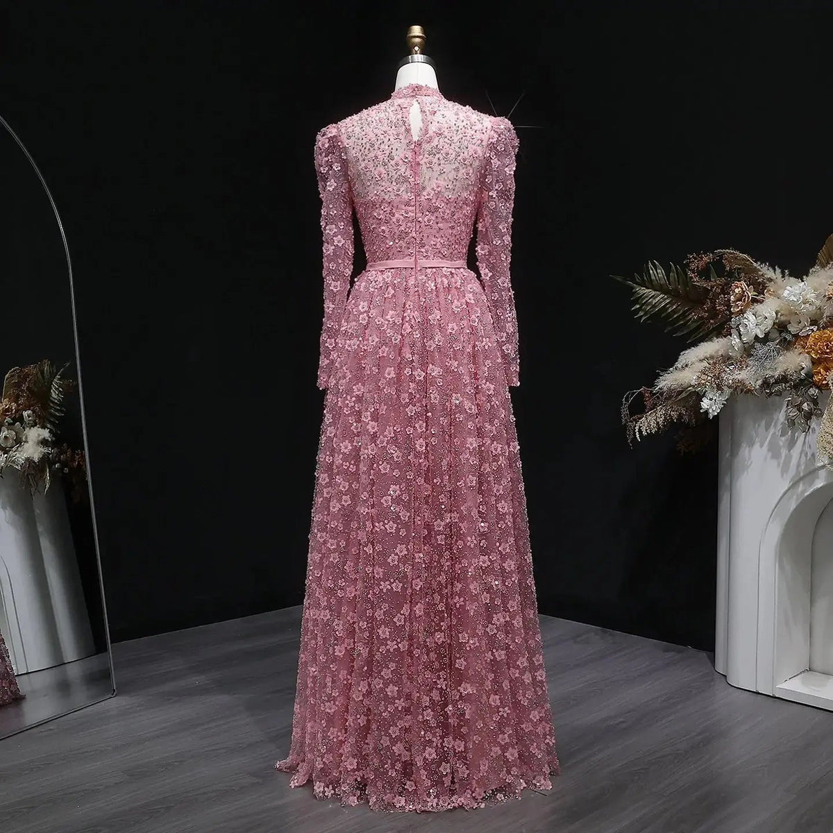 Luxury Delicate Pink 3D Floral Evening Dress with ruffles SS700