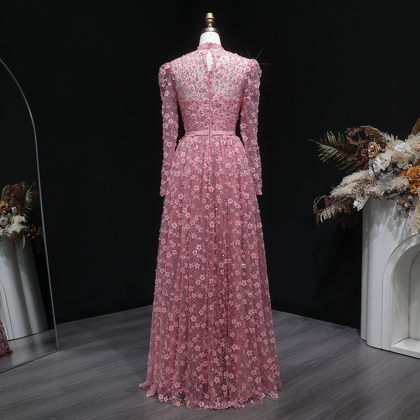 Luxury Delicate Pink 3D Floral Evening Dress with ruffles SS700