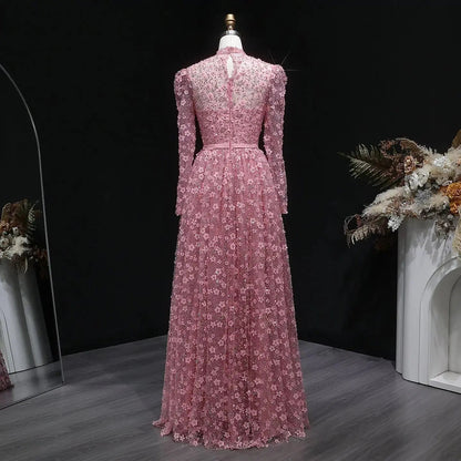 Luxury Delicate Pink 3D Floral Evening Dress with ruffles SS700