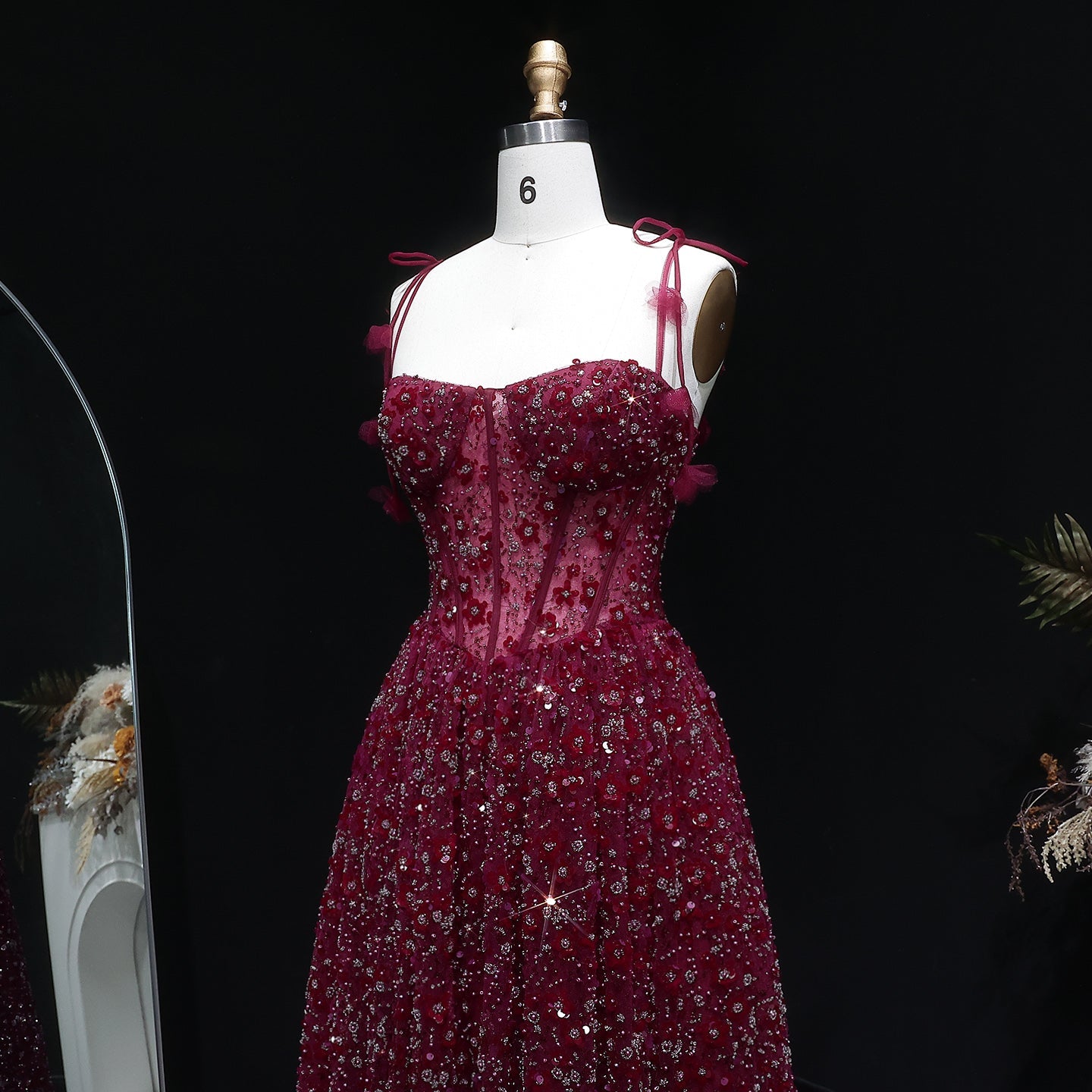 Elegant Pink 3D Floral Spaghetti Strap Evening Dress SS701