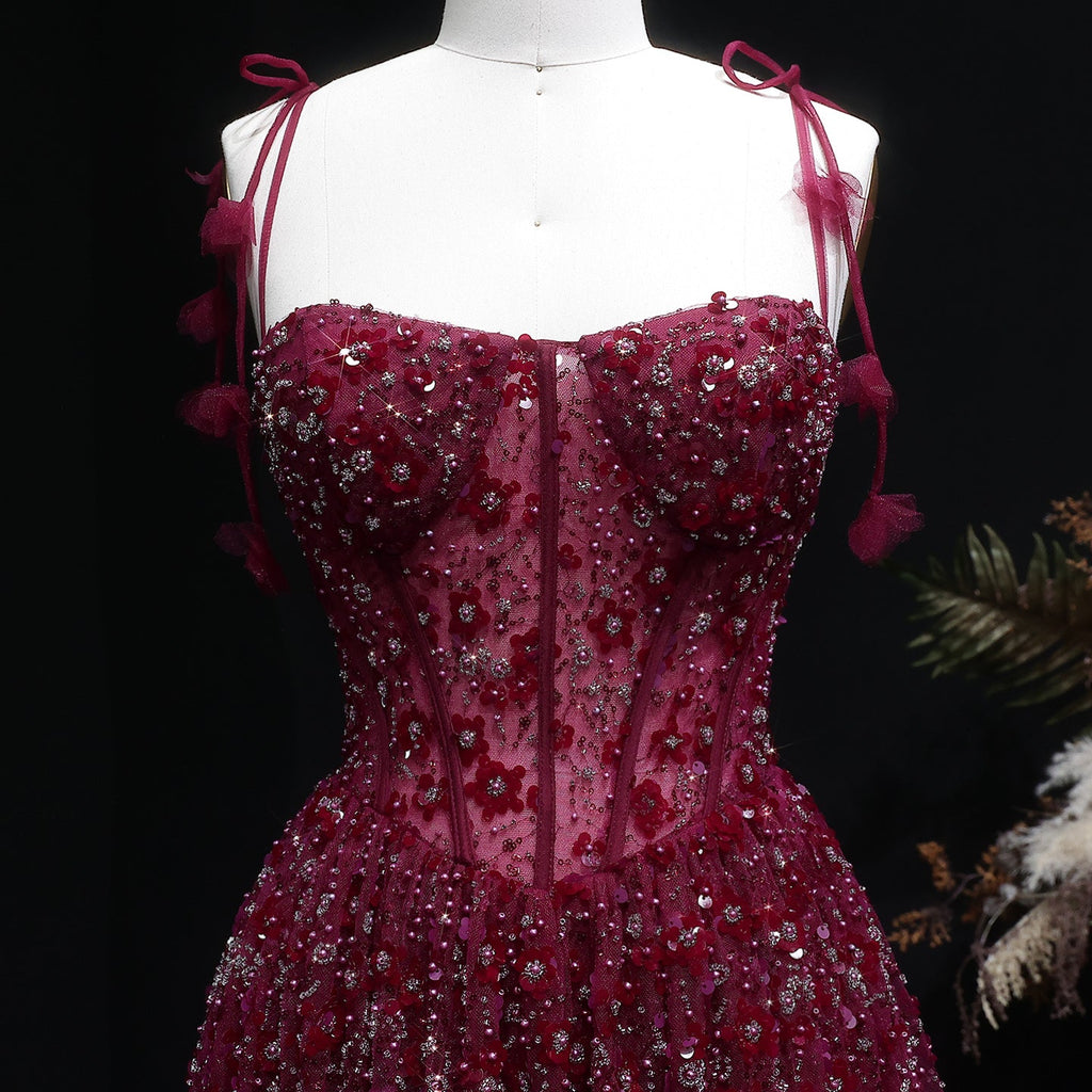 Elegant Pink 3D Floral Spaghetti Strap Evening Dress SS701
