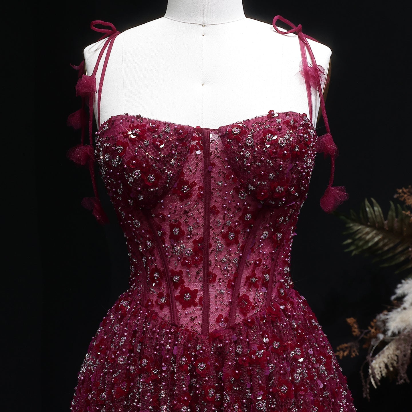 Elegant Pink 3D Floral Spaghetti Strap Evening Dress SS701
