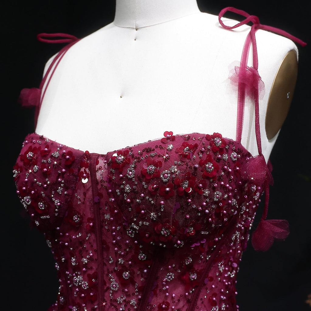 Elegant Pink 3D Floral Spaghetti Strap Evening Dress SS701
