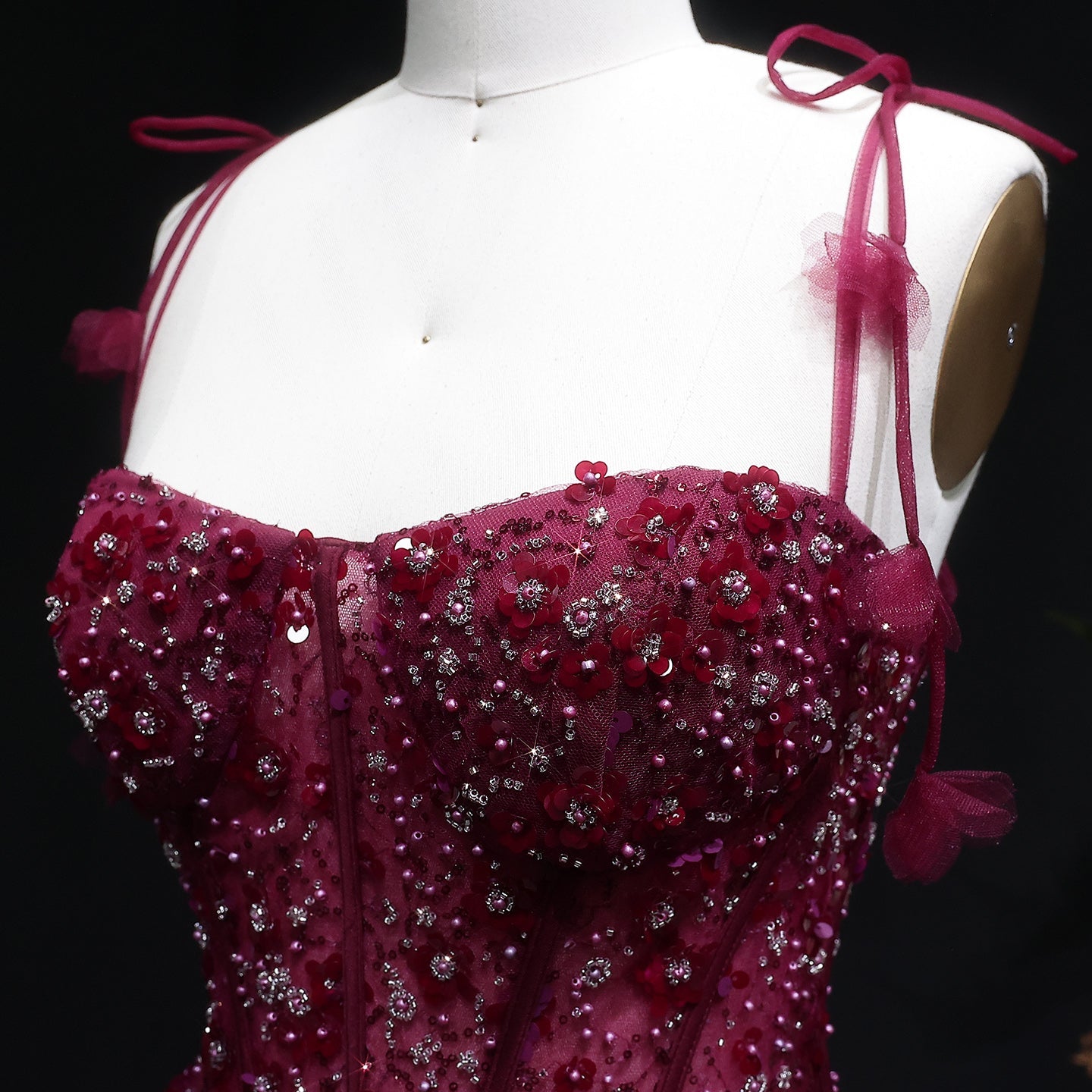 Elegant Pink 3D Floral Spaghetti Strap Evening Dress SS701