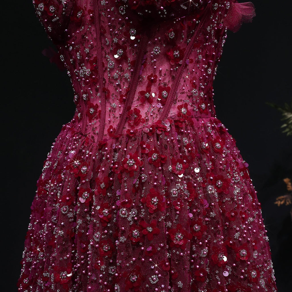 Elegant Pink 3D Floral Spaghetti Strap Evening Dress SS701