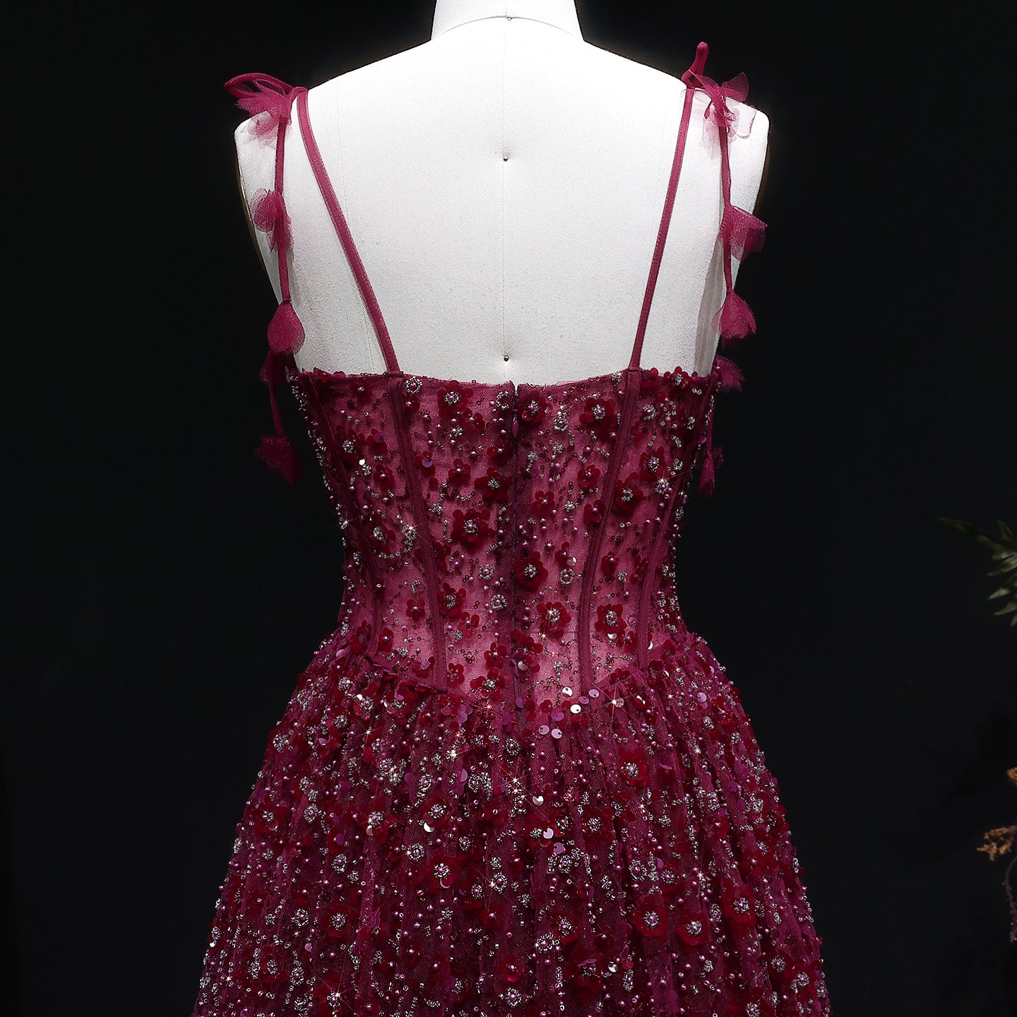Elegant Pink 3D Floral Spaghetti Strap Evening Dress SS701