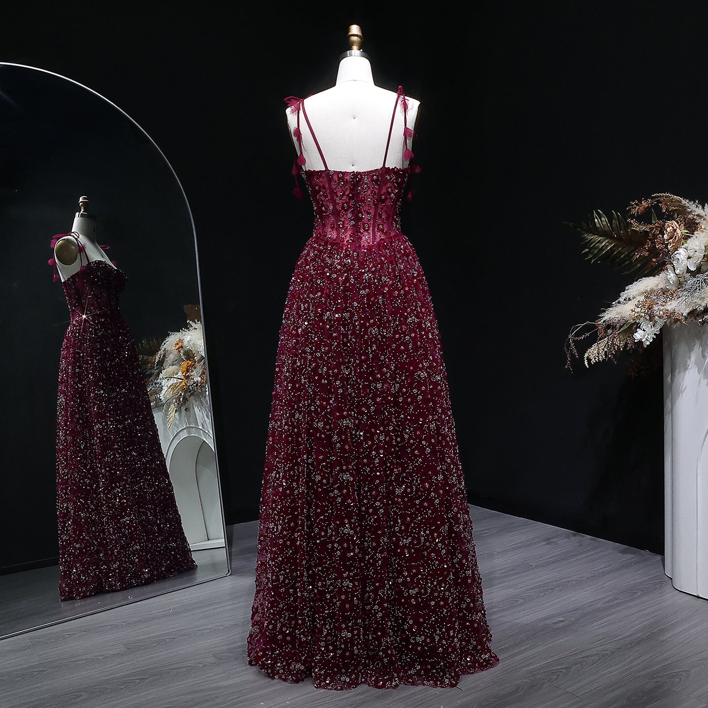 Elegant Pink 3D Floral Spaghetti Strap Evening Dress SS701