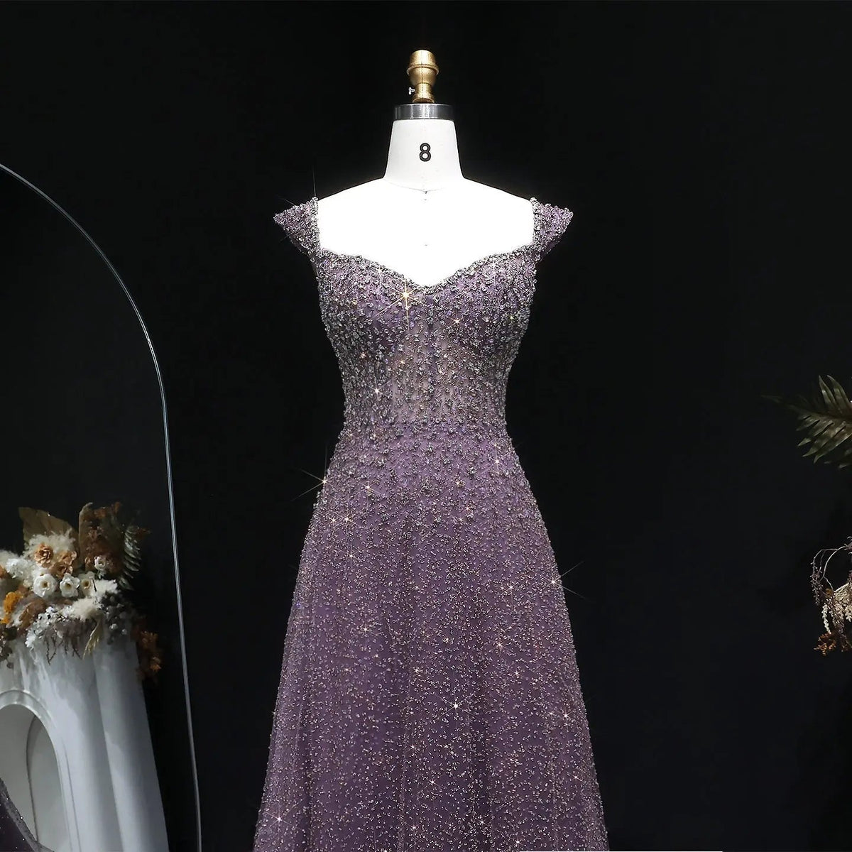 Luxury Purple Strapless Sequin Crystal A-Line Evening Dress SS703
