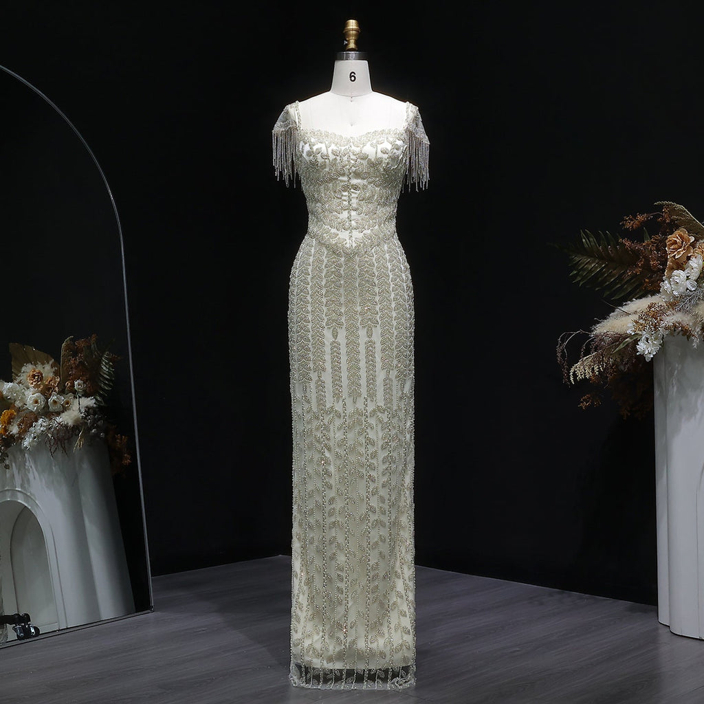 Luxury Tassel Cream Straight Evening Dress SS712