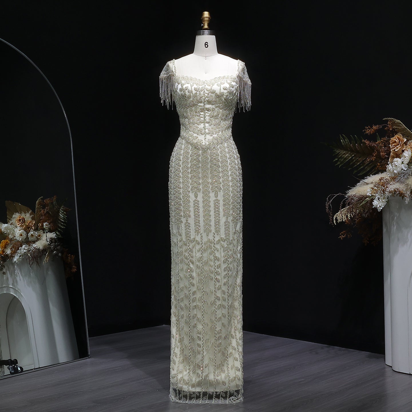 Luxury Tassel Cream Straight Evening Dress SS712