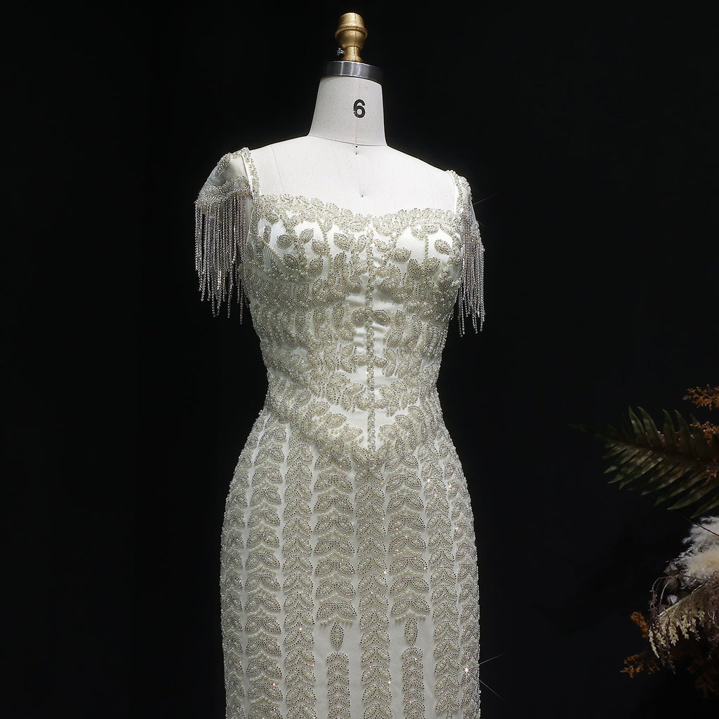 Luxury Tassel Cream Straight Evening Dress SS712