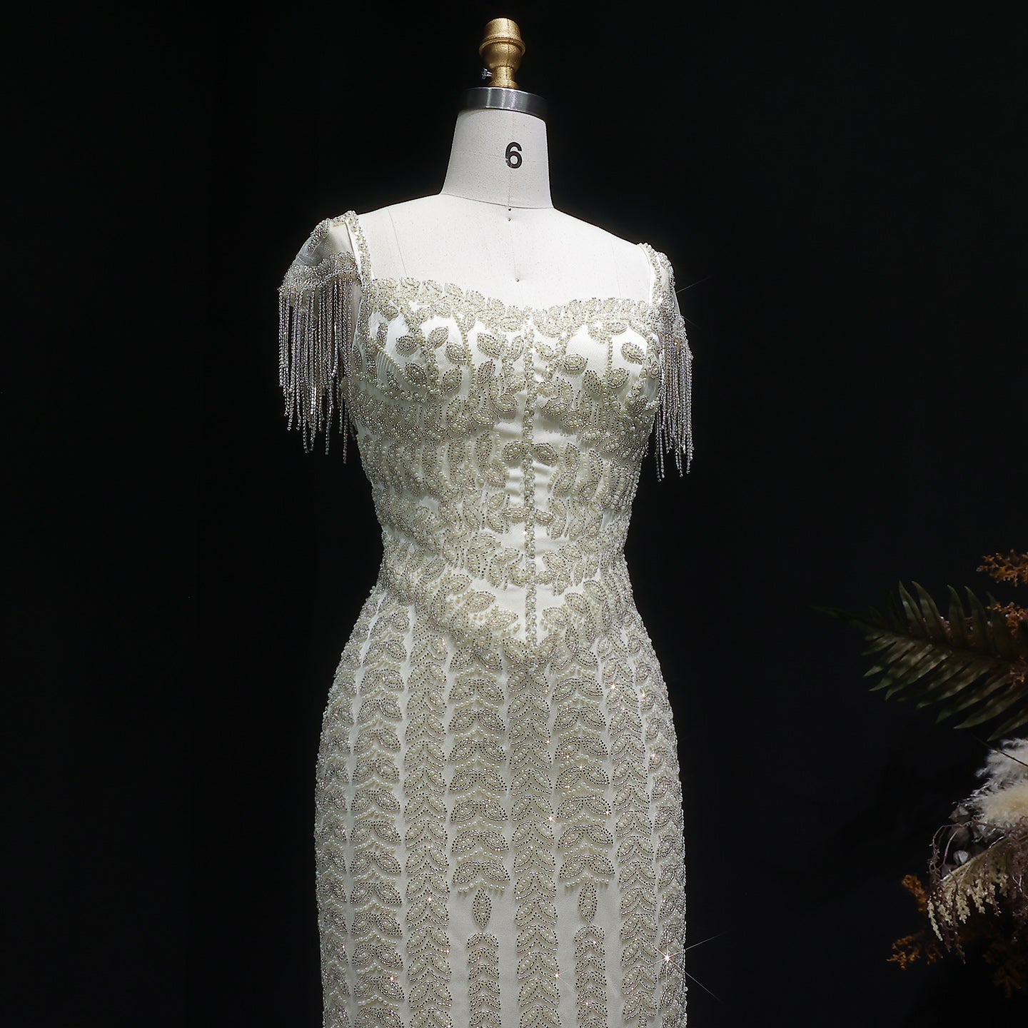 Luxury Tassel Cream Straight Evening Dress SS712