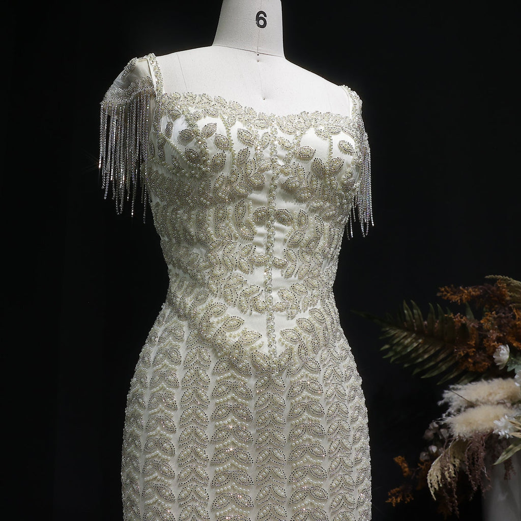 Luxury Tassel Cream Straight Evening Dress SS712