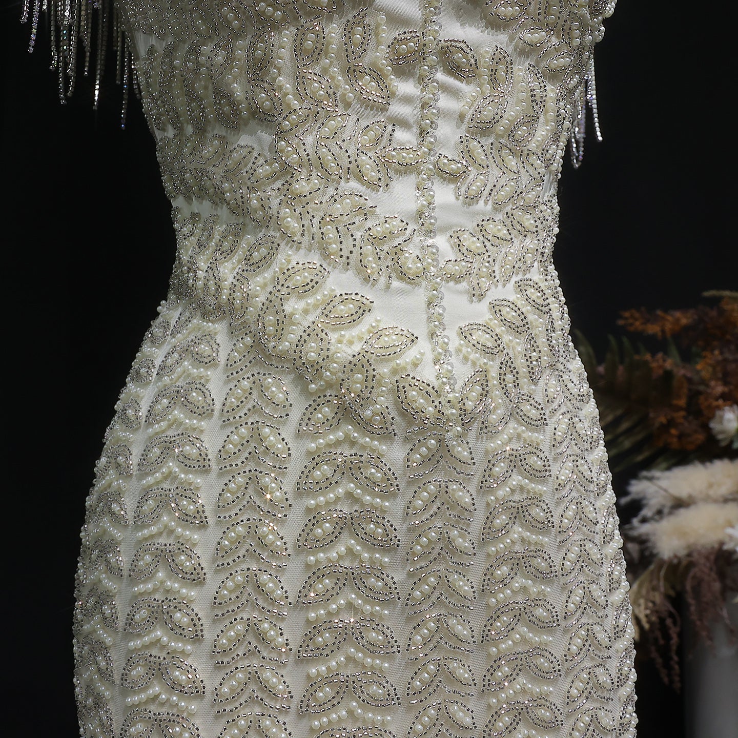 Luxury Tassel Cream Straight Evening Dress SS712