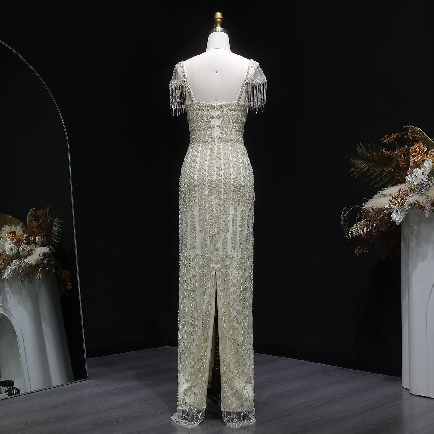 Luxury Tassel Cream Straight Evening Dress SS712