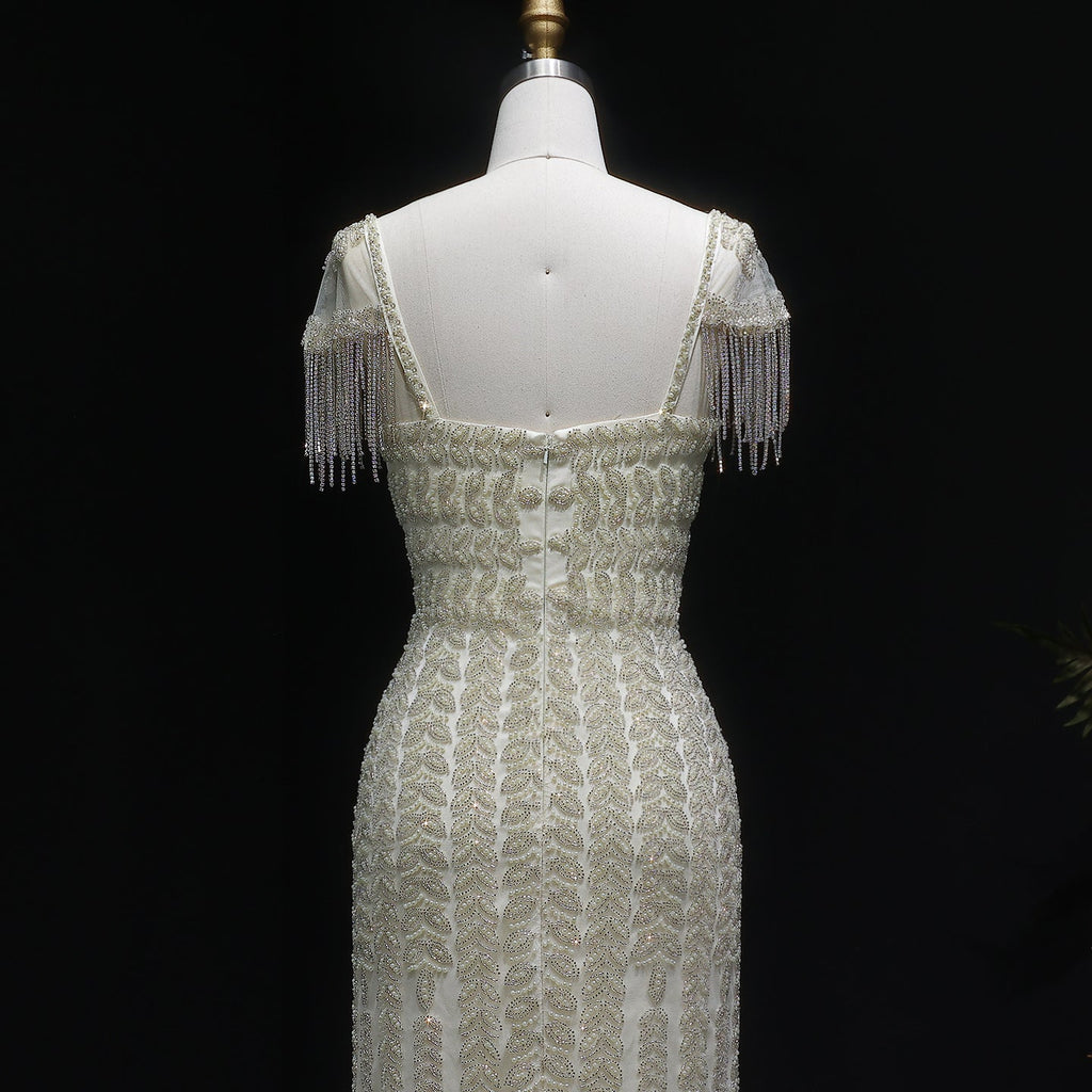 Luxury Tassel Cream Straight Evening Dress SS712