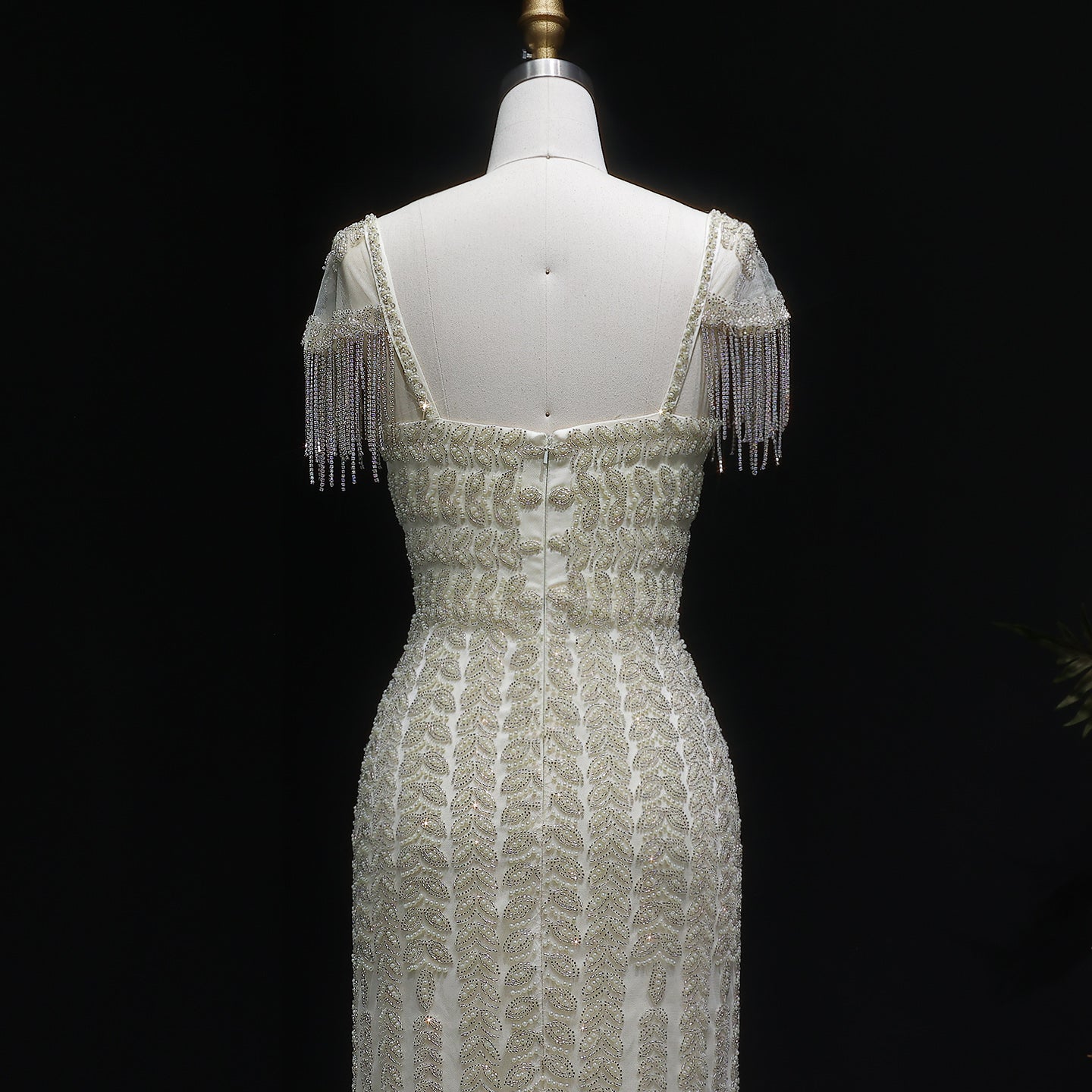 Luxury Tassel Cream Straight Evening Dress SS712