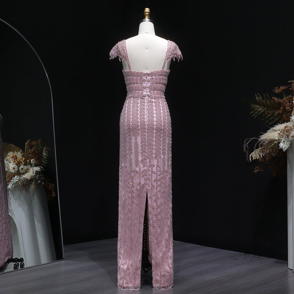 Luxury Tassel Cream Straight Evening Dress SS712