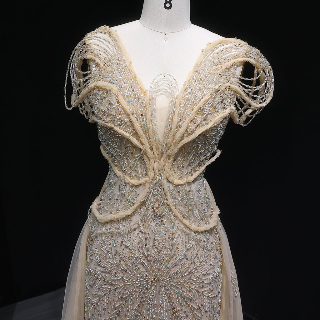 Elegant Pink Pearl Openwork Shoulder Evening Dress with Overskirt SS718