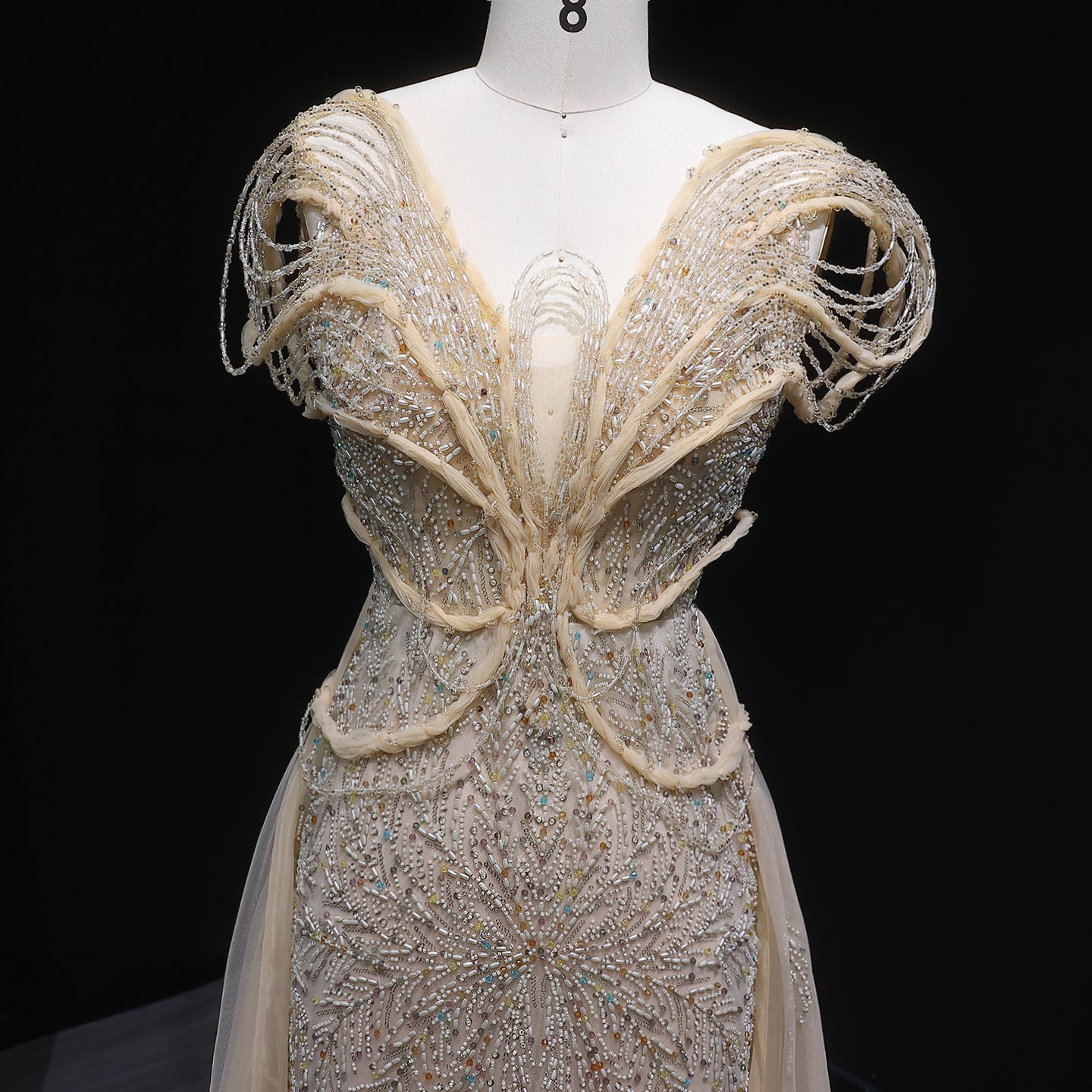 Elegant Pink Pearl Openwork Shoulder Evening Dress with Overskirt SS718