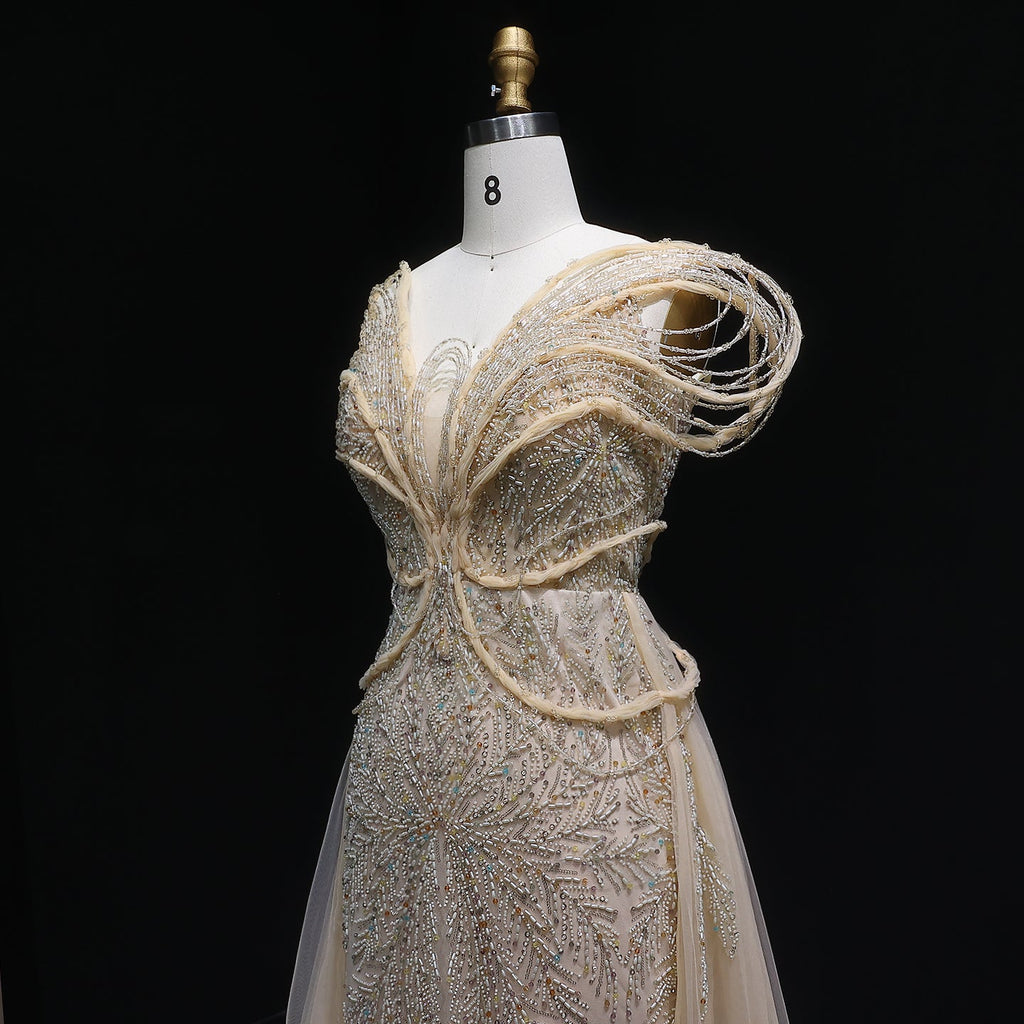 Elegant Pink Pearl Openwork Shoulder Evening Dress with Overskirt SS718