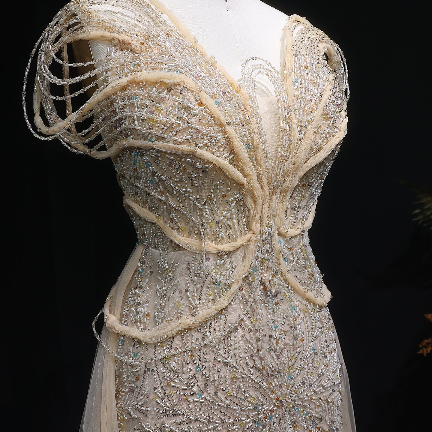 Elegant Pink Pearl Openwork Shoulder Evening Dress with Overskirt SS718