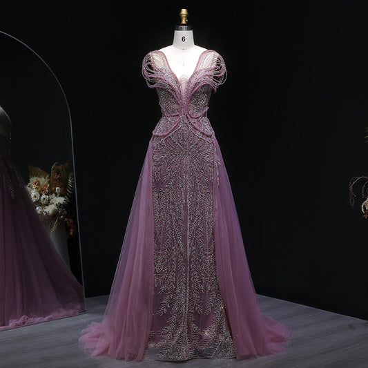 Elegant Pink Pearl Openwork Shoulder Evening Dress with Overskirt SS718