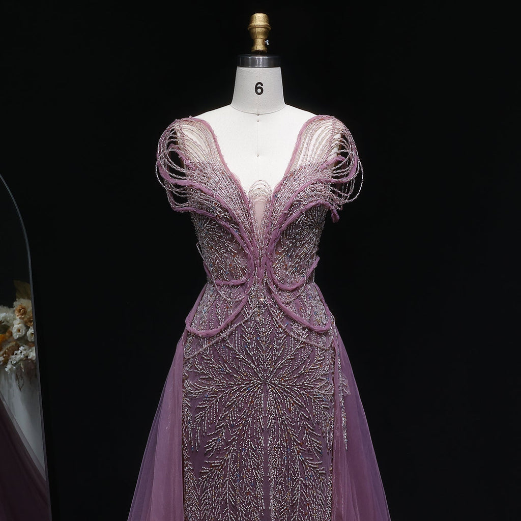 Elegant Pink Pearl Openwork Shoulder Evening Dress with Overskirt SS718