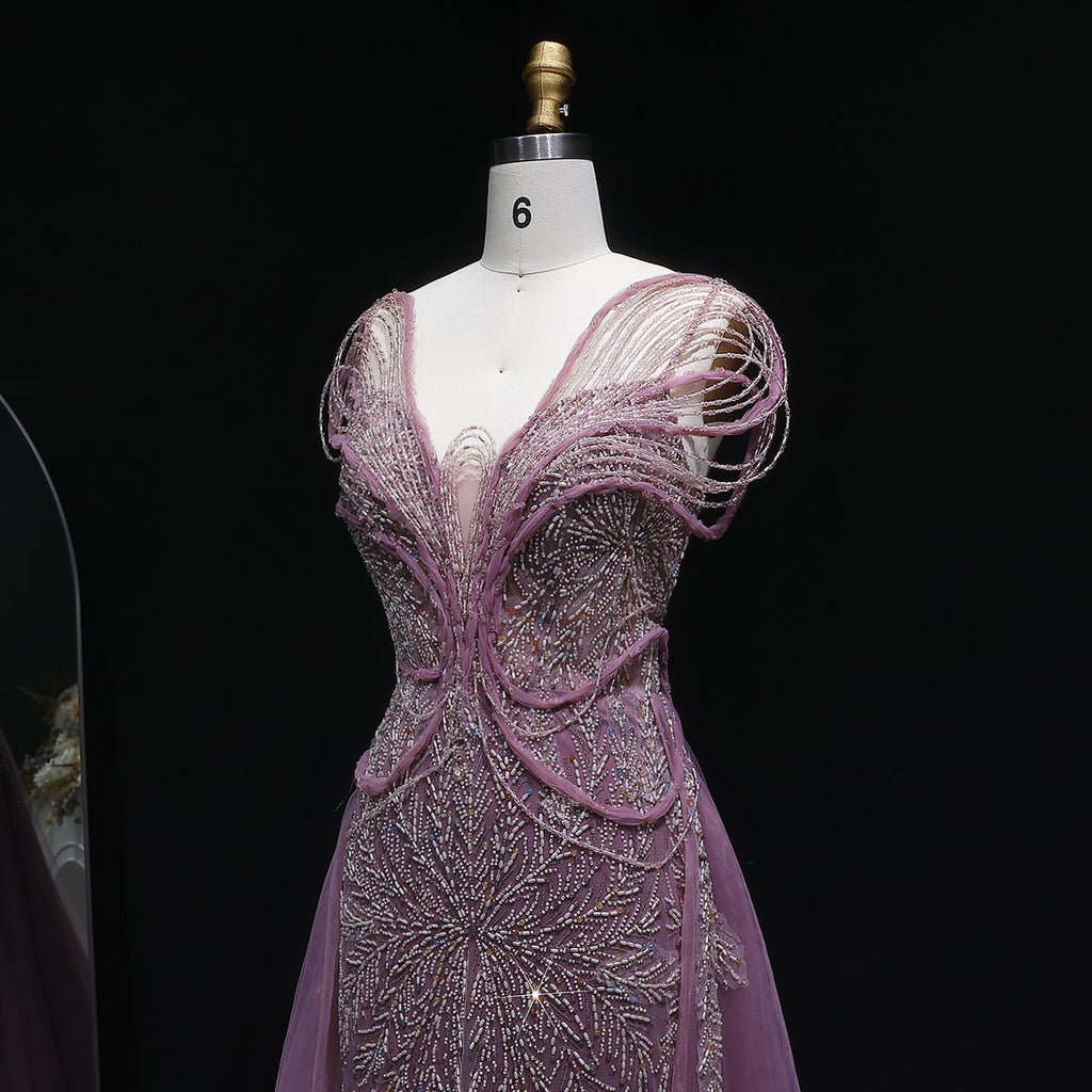 Elegant Pink Pearl Openwork Shoulder Evening Dress with Overskirt SS718