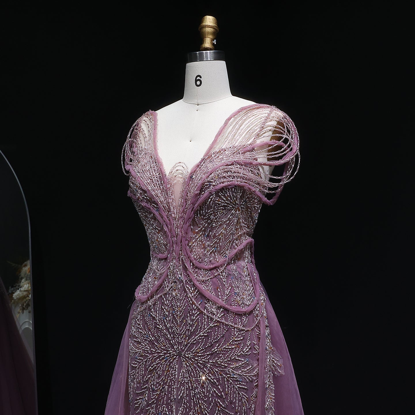 Elegant Pink Pearl Openwork Shoulder Evening Dress with Overskirt SS718