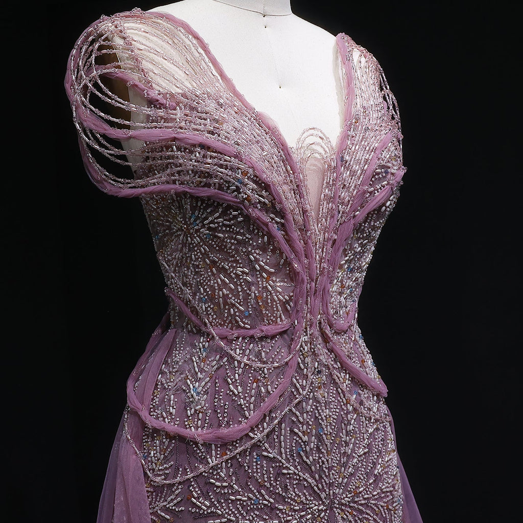 Elegant Pink Pearl Openwork Shoulder Evening Dress with Overskirt SS718