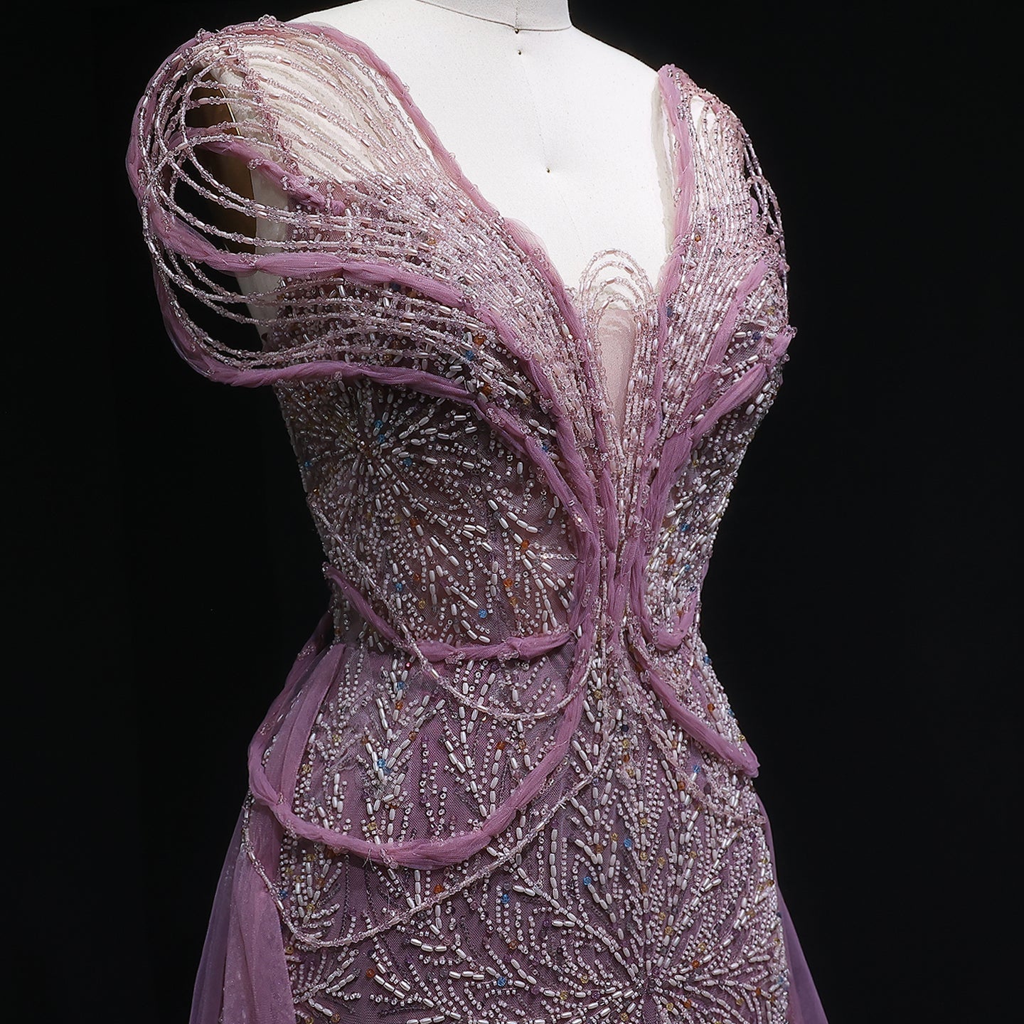 Elegant Pink Pearl Openwork Shoulder Evening Dress with Overskirt SS718