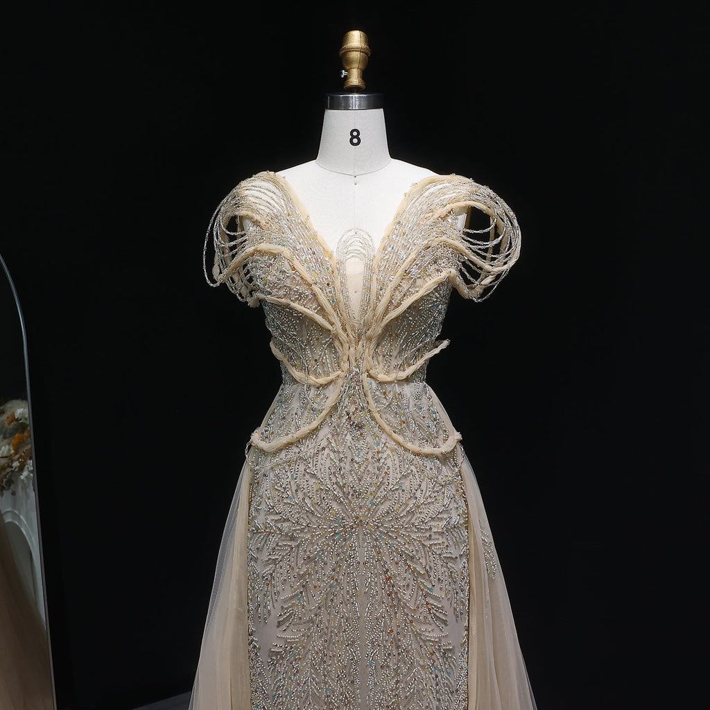 Elegant Pink Pearl Openwork Shoulder Evening Dress with Overskirt SS718