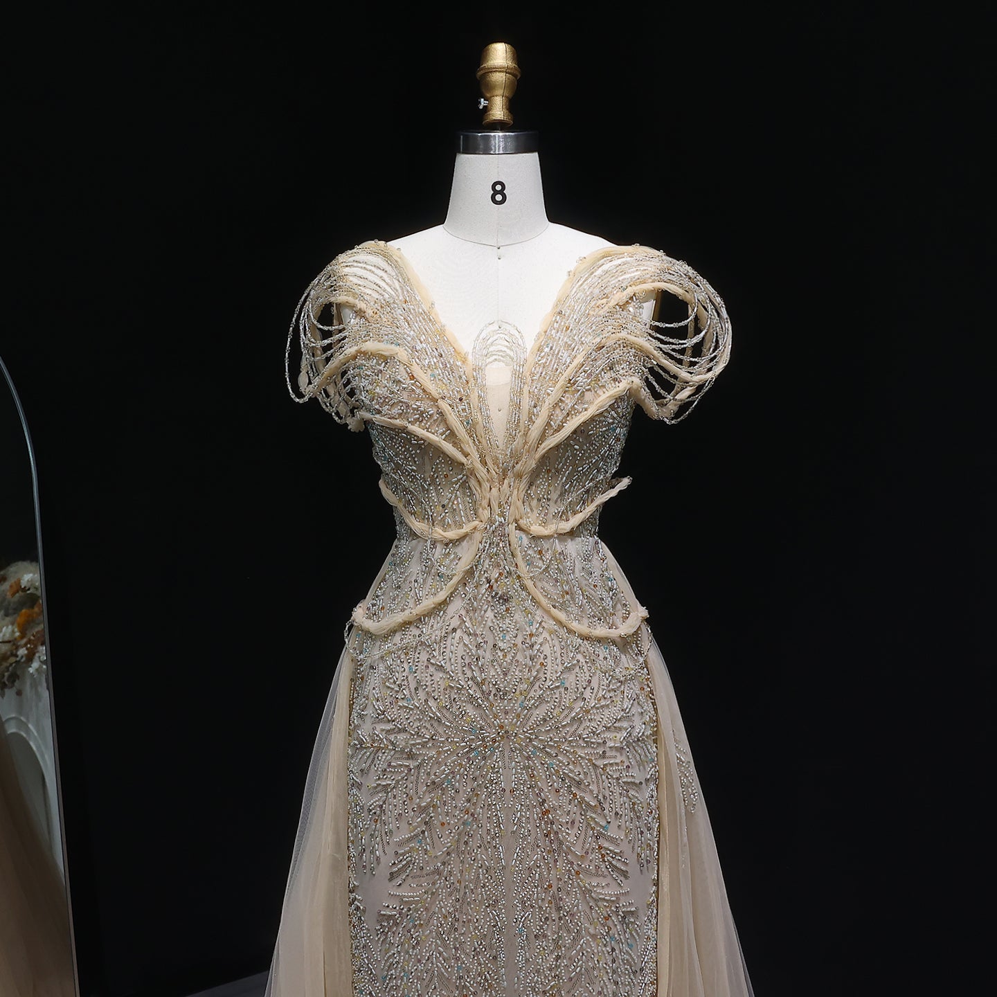 Elegant Pink Pearl Openwork Shoulder Evening Dress with Overskirt SS718