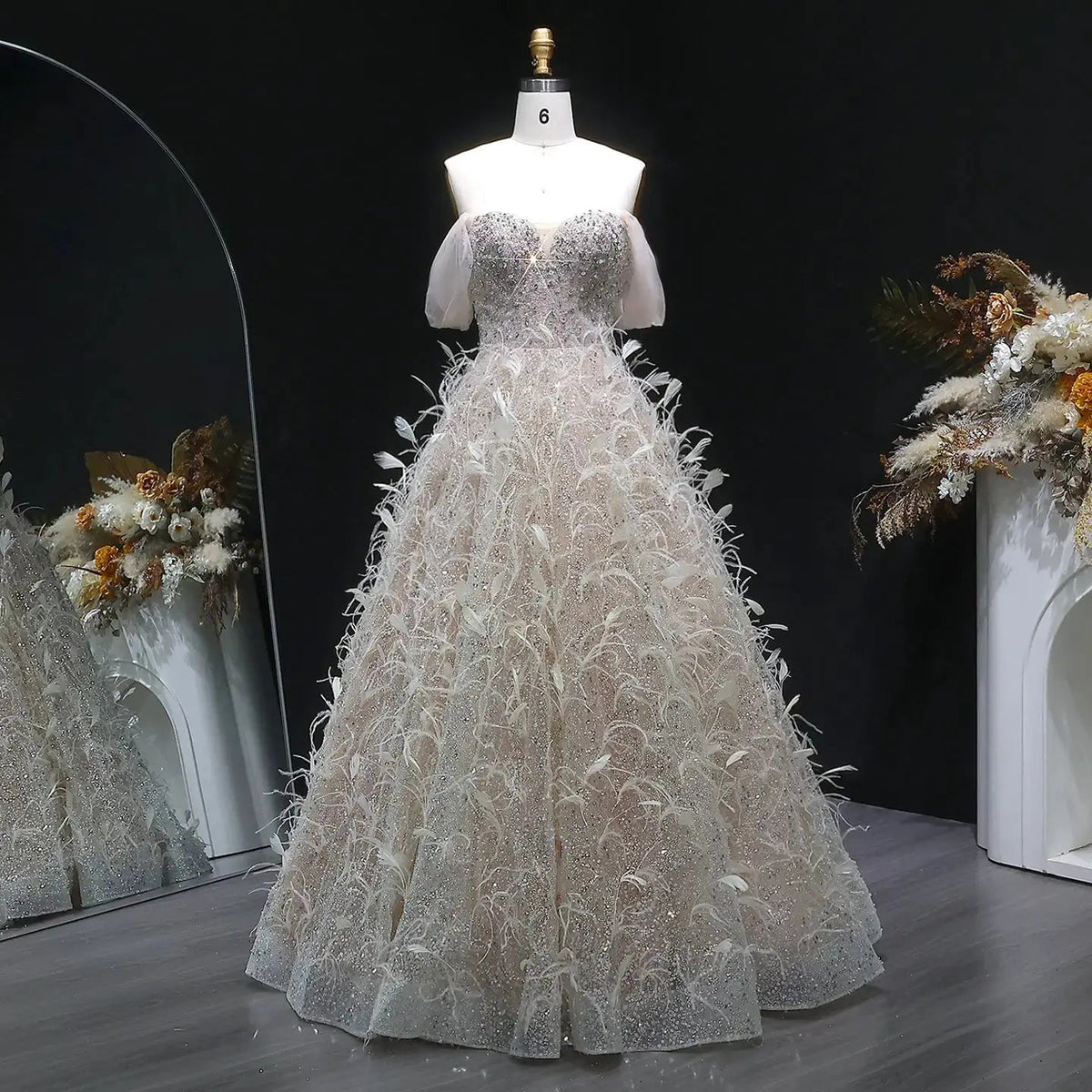 Luxury Peach Feather Strapless Ball Gown Evening Dress SS724