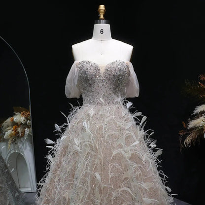 Luxury Peach Feather Strapless Ball Gown Evening Dress SS724