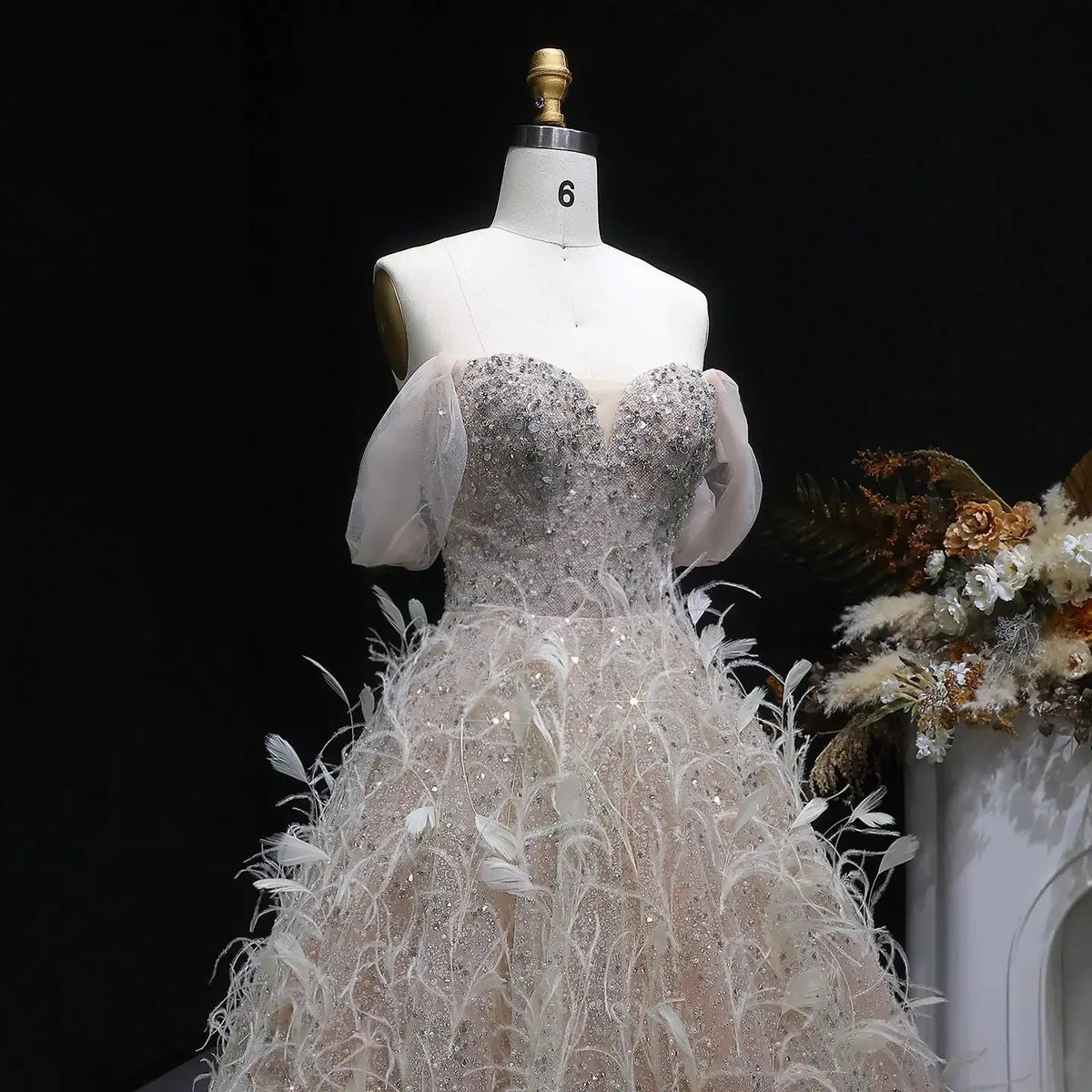 Luxury Peach Feather Strapless Ball Gown Evening Dress SS724