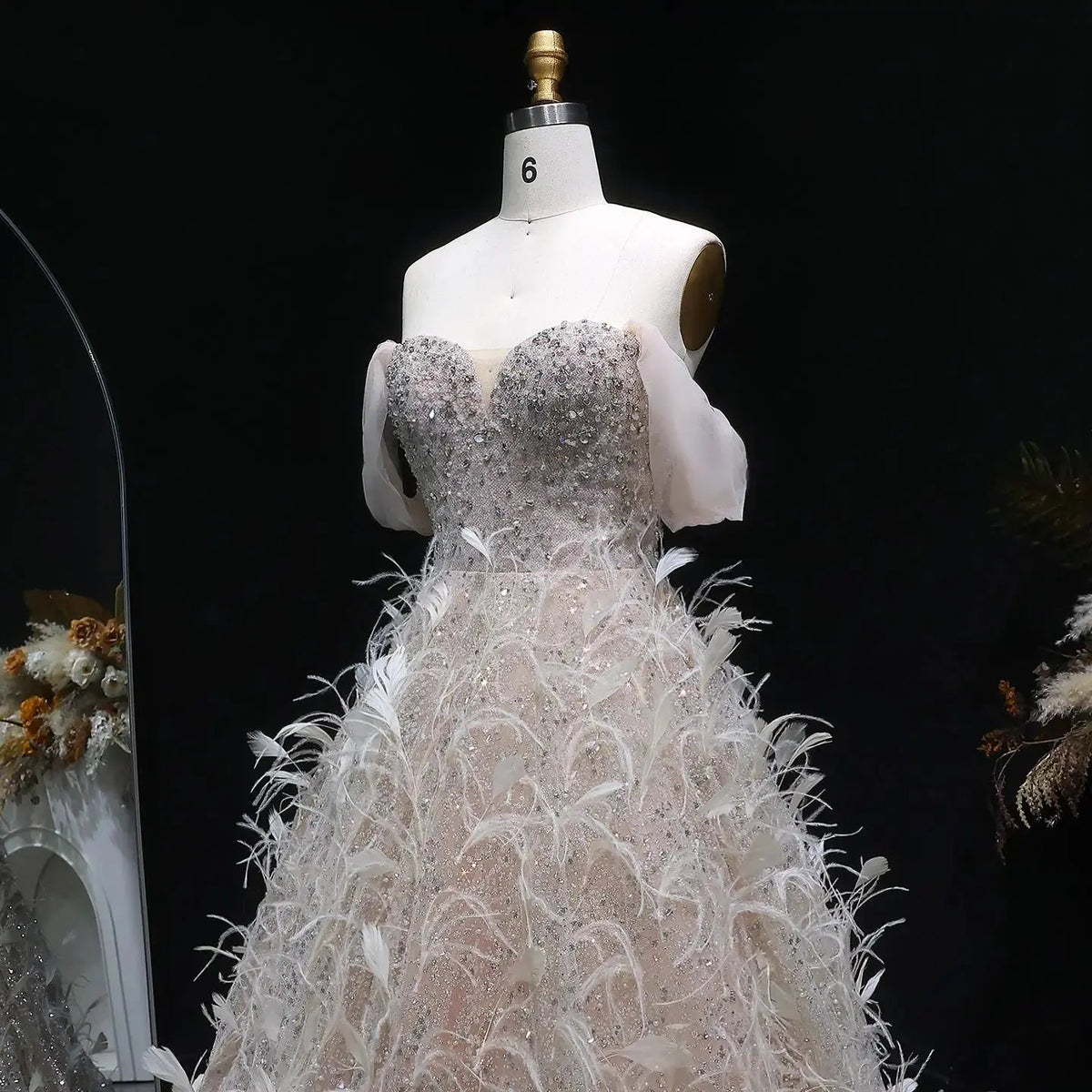 Luxury Peach Feather Strapless Ball Gown Evening Dress SS724