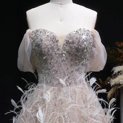 Luxury Peach Feather Strapless Ball Gown Evening Dress SS724
