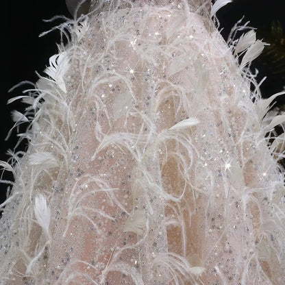 Luxury Peach Feather Strapless Ball Gown Evening Dress SS724