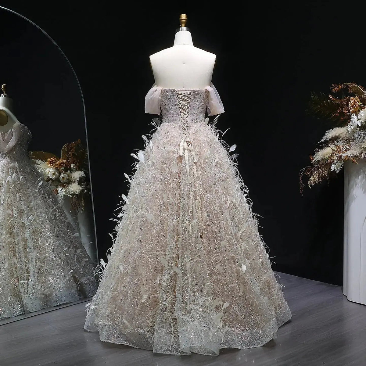 Luxury Peach Feather Strapless Ball Gown Evening Dress SS724