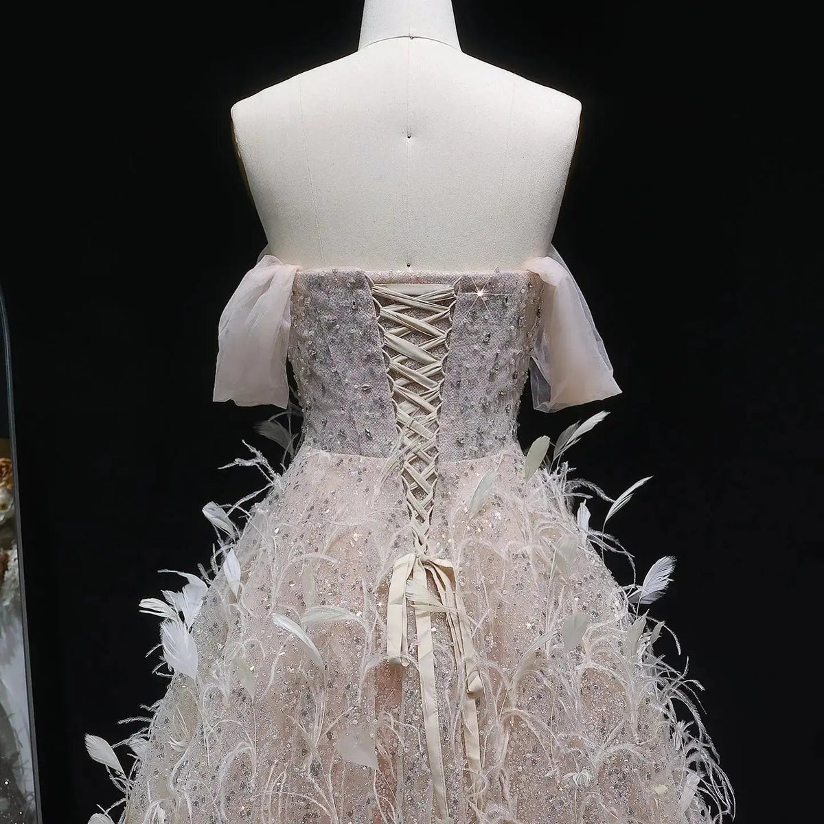 Luxury Peach Feather Strapless Ball Gown Evening Dress SS724
