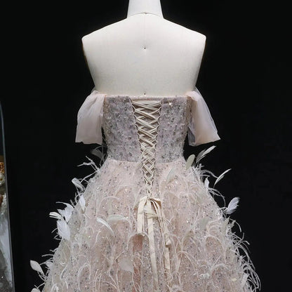 Luxury Peach Feather Strapless Ball Gown Evening Dress SS724