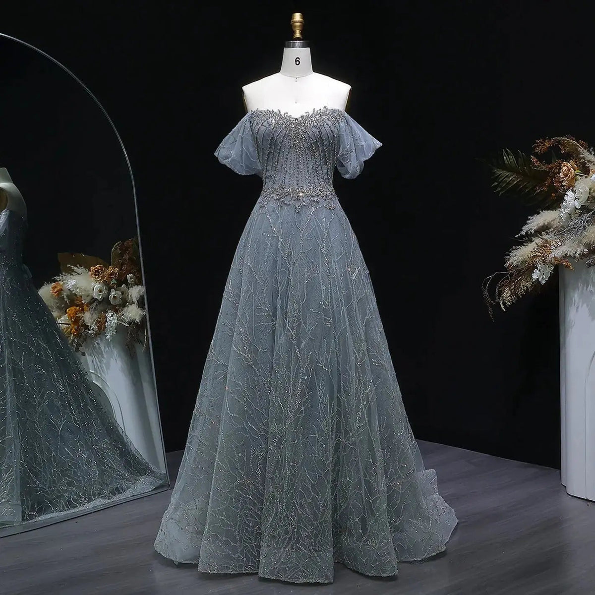 Luxury Gray Beaded Crystal Short Sleeve Tulle Evening Dress SS725